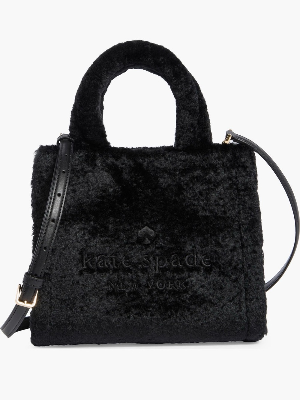 Kate Spade Ellie Black Faux Fur Small Satchel with Adjustable Strap